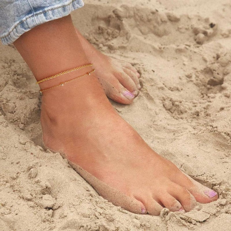 MIDEEO Gold/Silver Ankle Bracelets for Women,14K Gold Anklets for Women Waterproof Cuban Link Heart Beads Herringbone Rhinestone Anklets Set Layered Anklet Bracelets for Women Gold Jewelry Gift - Image 2